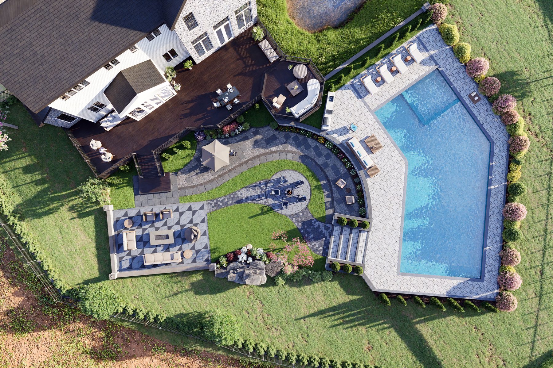 Aerial 3D rendering of a backyard pool, patio and lawn in Concord NH