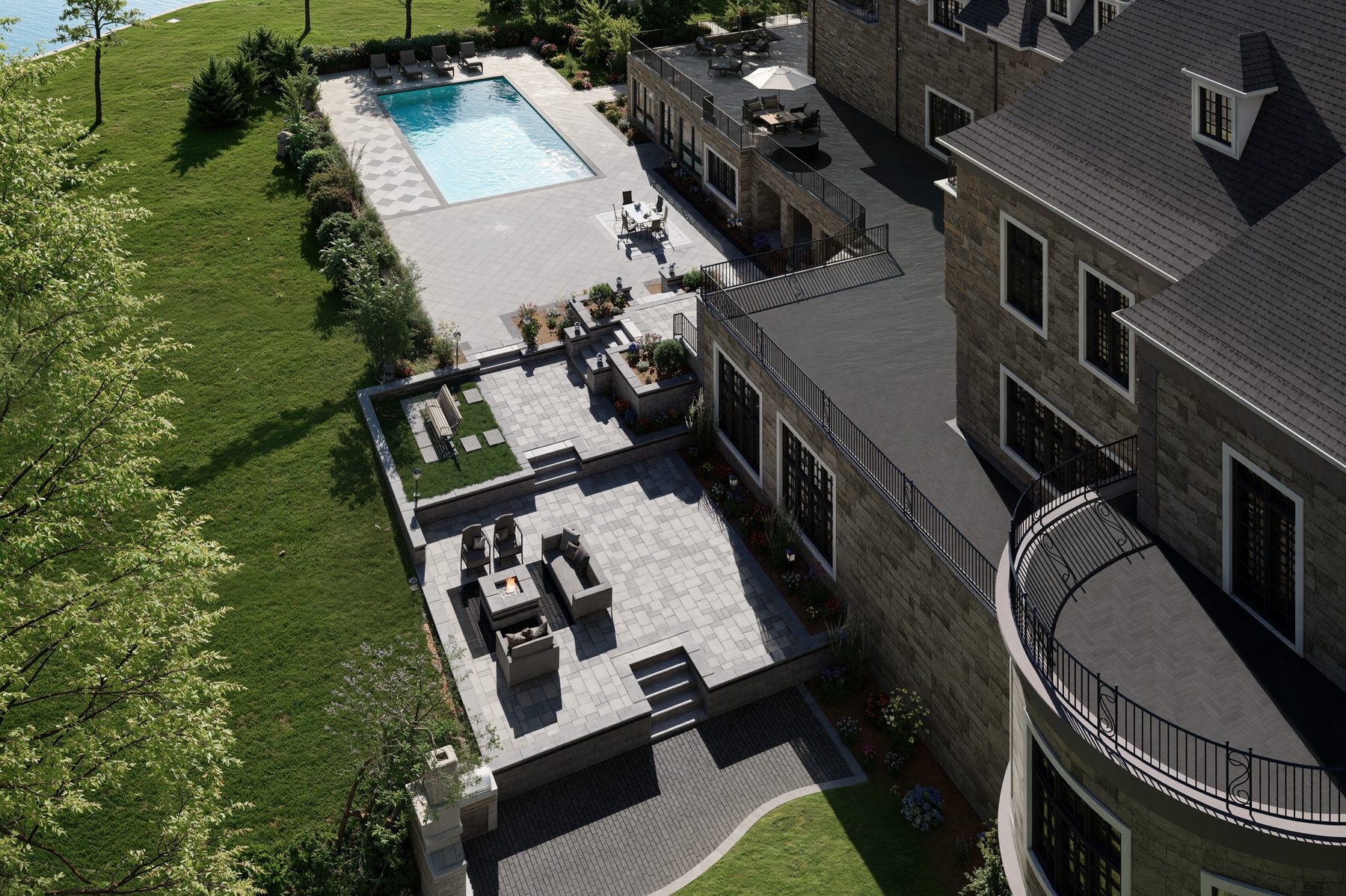 Aerial 3D rendering of an estate pool terrace and outdoor kitchen in Concord NH