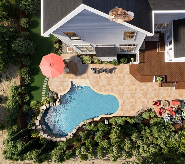 Aerial 3D rendering of a freeform pool and paver patio in Concord NH