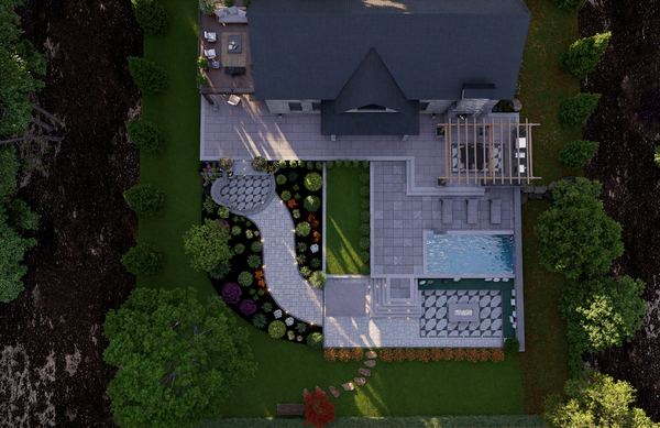 Aerial 3D rendering of a landscape plan with patios and pool in Concord NH