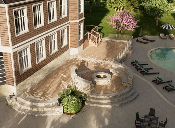 Aerial 3D rendering of a stone patio, fire pit and pool in Concord NH