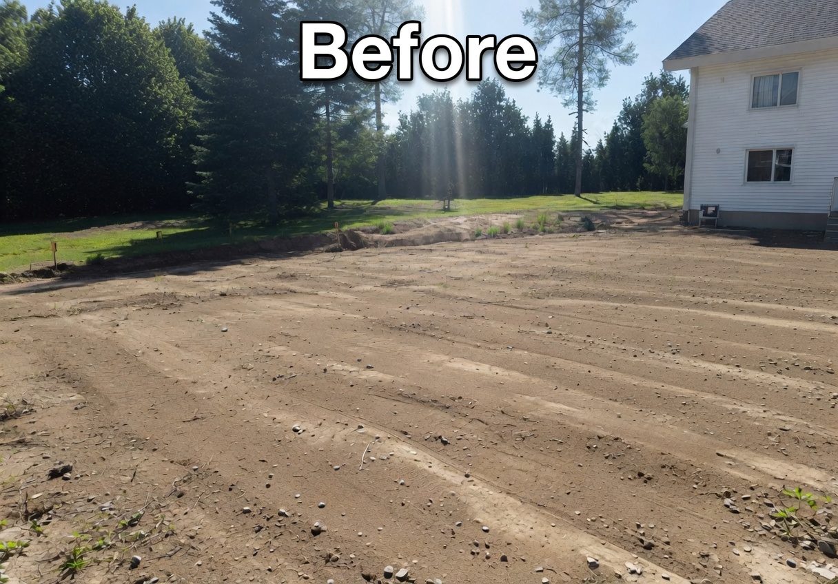 Before: 3D rendering of a bare graded yard before patio design