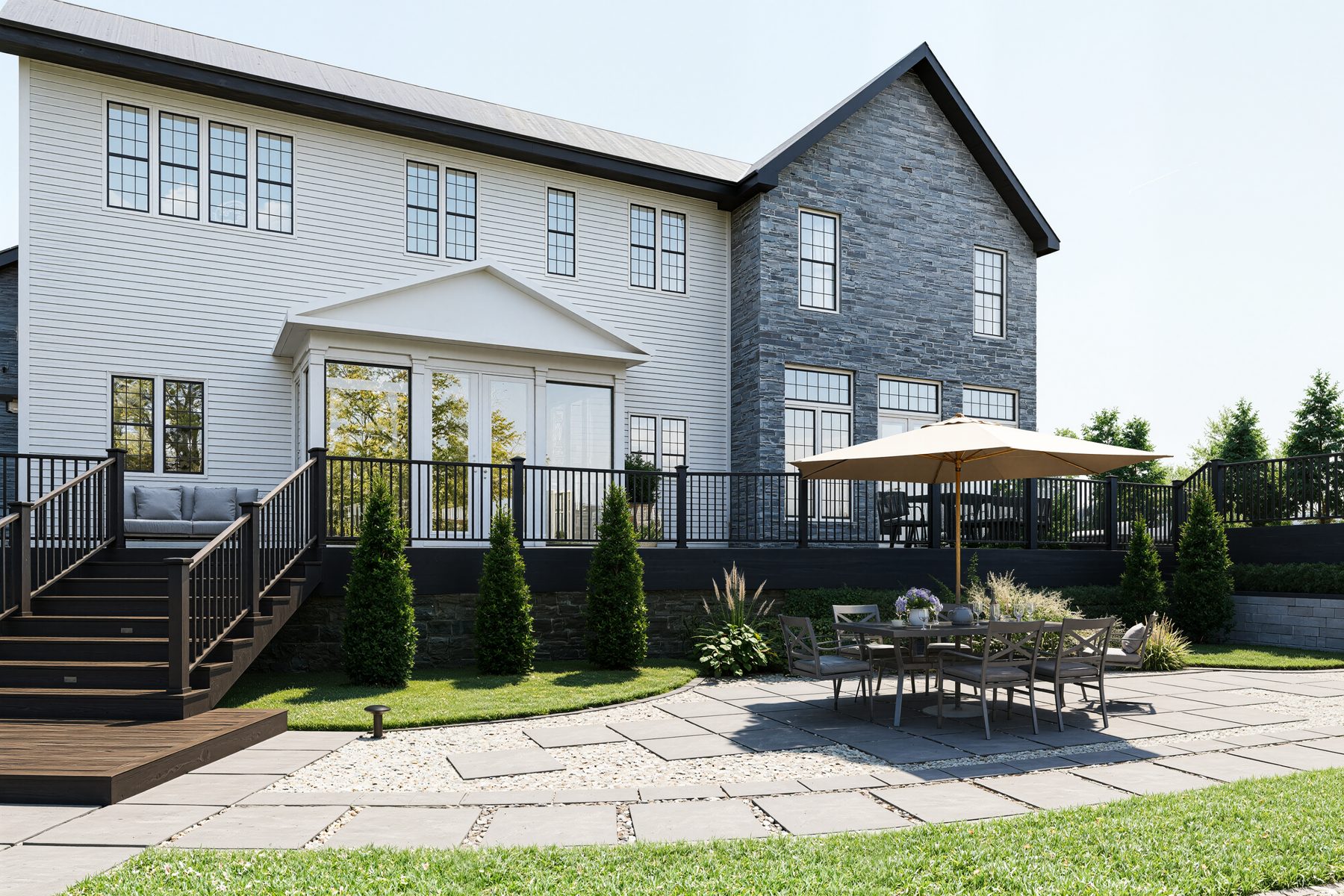 3D rendering of a bluestone patio and deck dining area behind a home