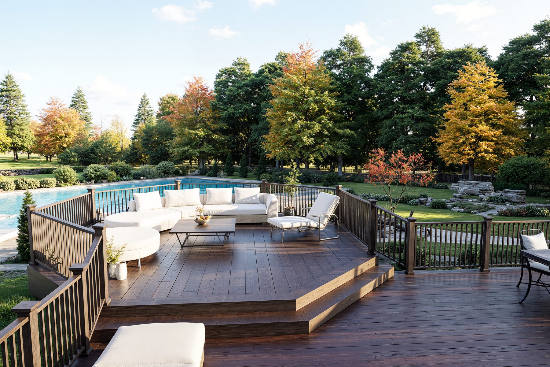 3D rendering of a composite deck lounge beside a pool with fall trees