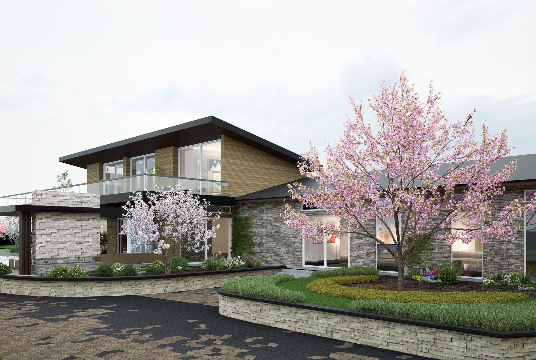 3D rendering of a contemporary home with flowering trees and gardens in Concord NH