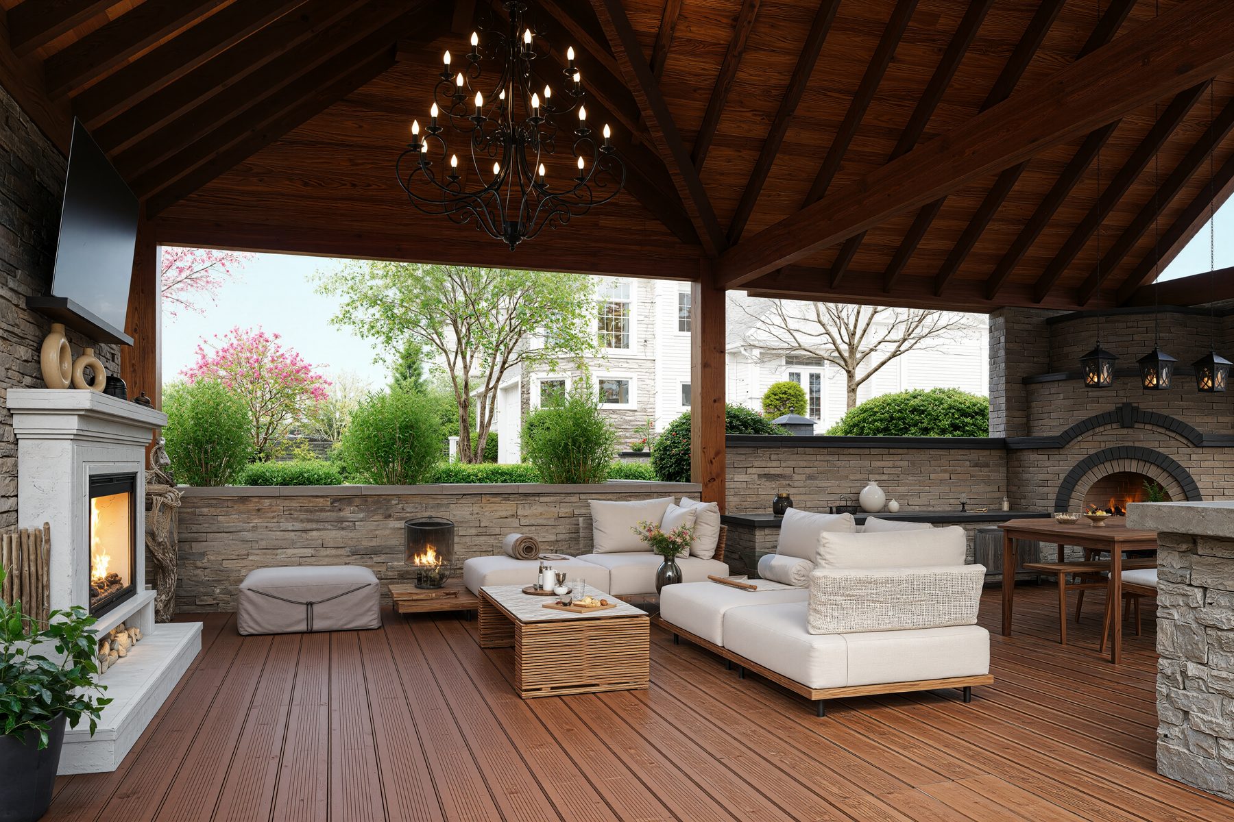 3D rendering of a covered timber pavilion with fireplace and pizza oven
