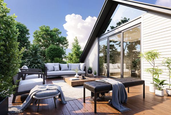 3D rendering of a wood deck lounge seating area at a modern home