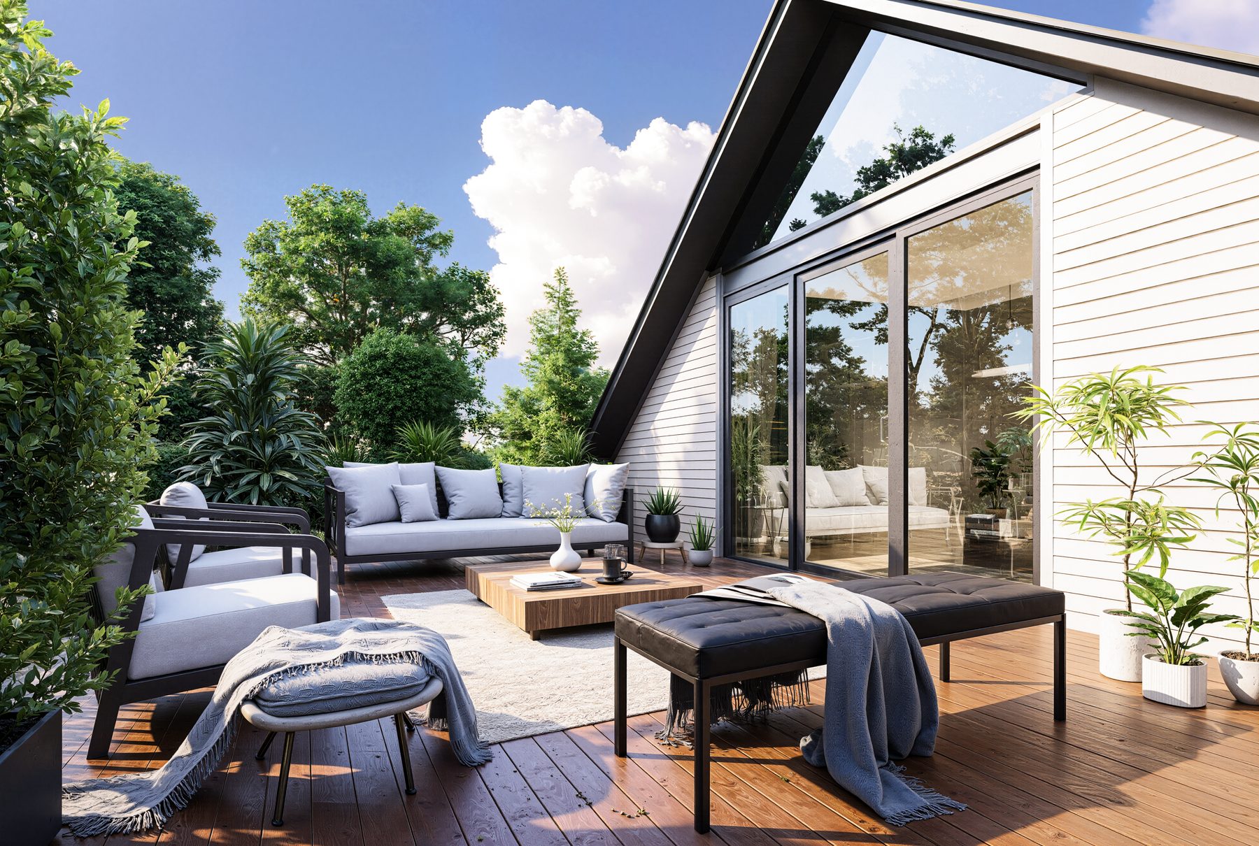 3D rendering of a wood deck lounge seating area at a modern home