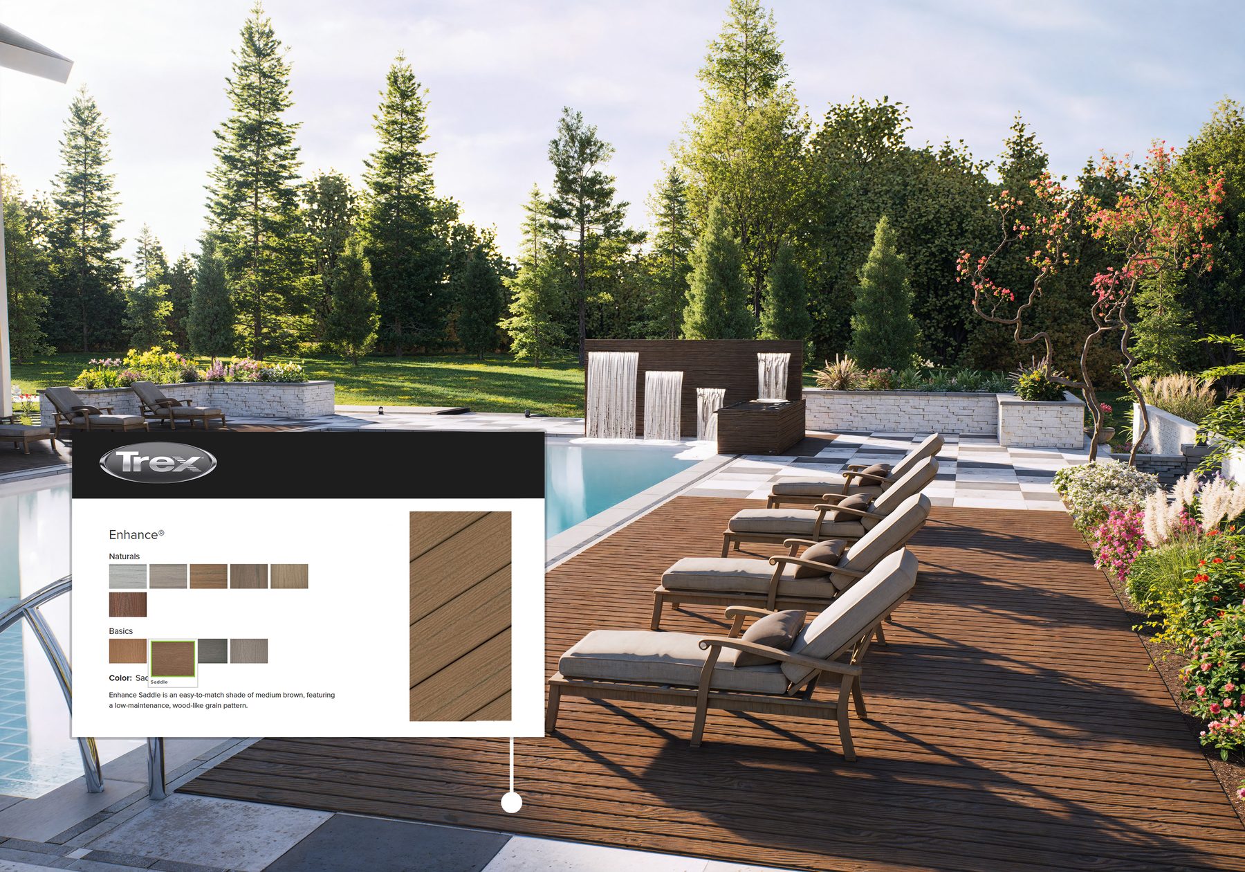 3D rendering of a composite deck with pool loungers and material callouts