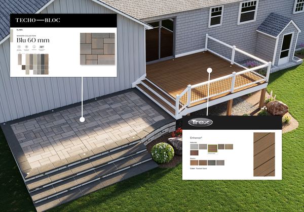 3D rendering of a deck, steps and paver patio with material callouts