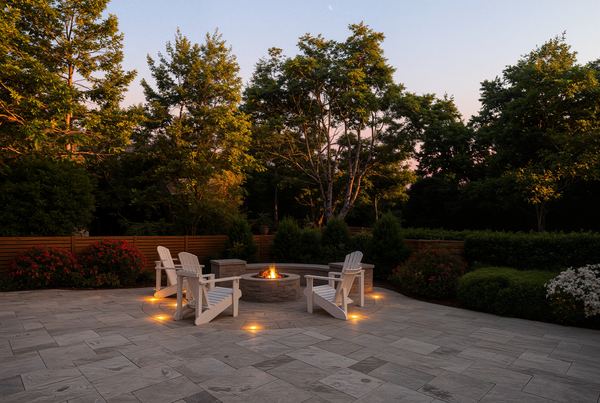 3D rendering of a dusk patio with fire pit, chairs and lanterns