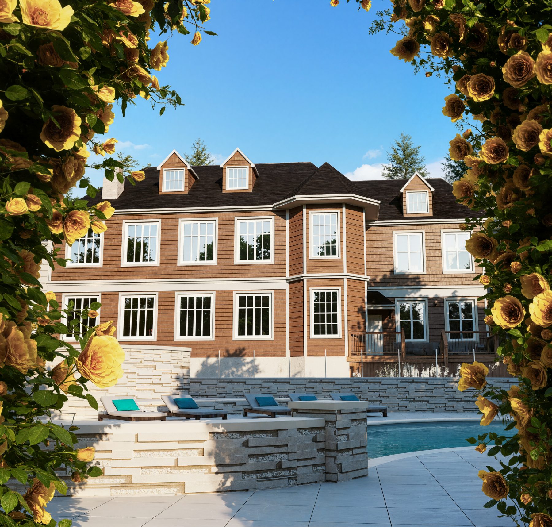 3D rendering of a brick estate home framed by a climbing rose arch