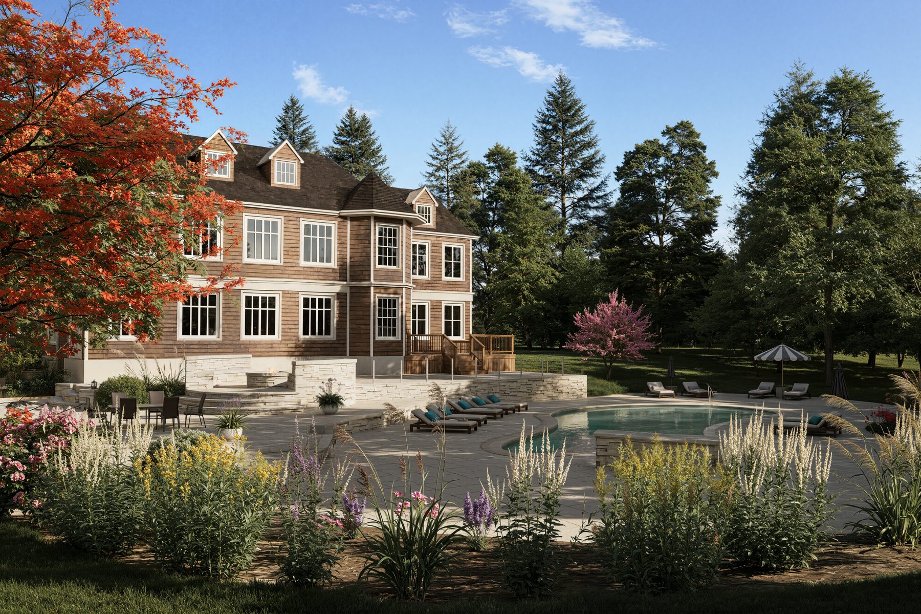 3D rendering of a brick home with pool terrace and perennial borders