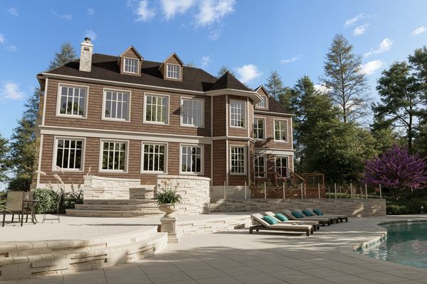 3D rendering of a brick estate home with pool terrace and loungers