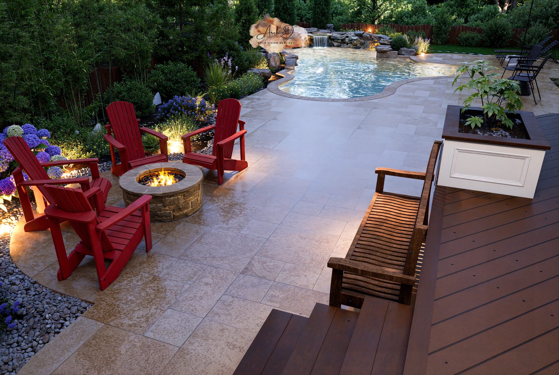 3D rendering of a lit patio with fire pit, red chairs and pool