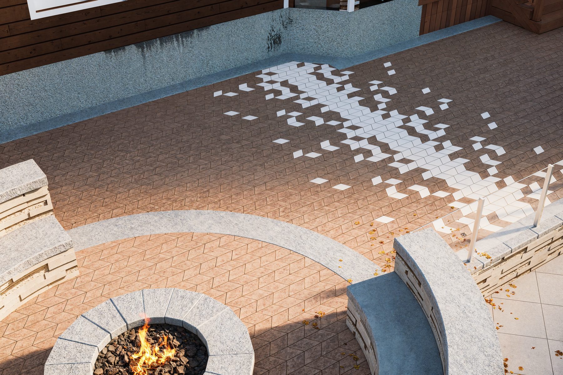 3D rendering of a fire pit on a paver patio by a stone wall