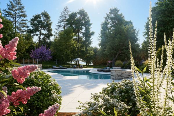 3D rendering of flowering perennial gardens beside a backyard pool in Concord NH