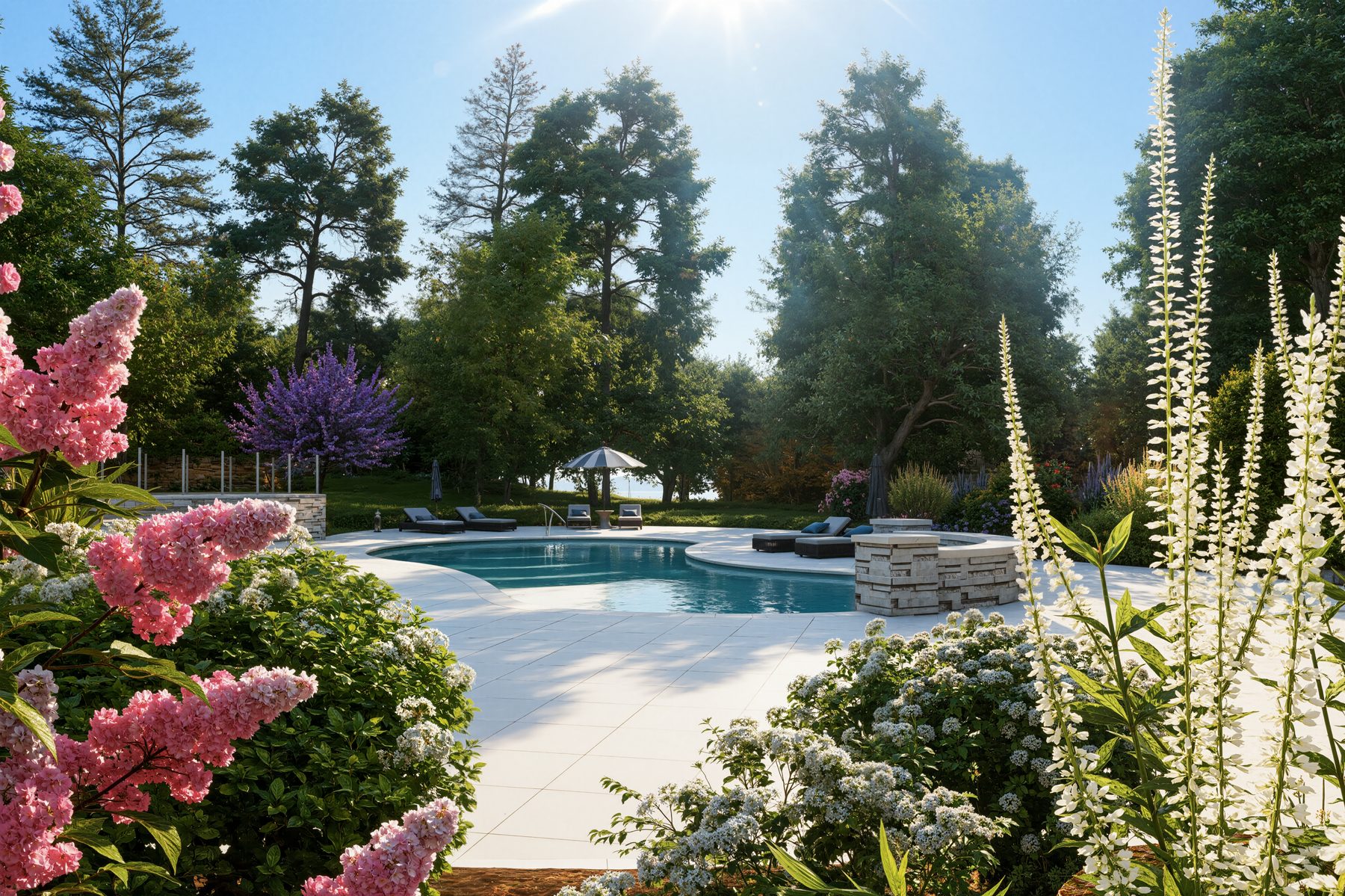 3D rendering of flowering perennial gardens beside a backyard pool in Concord NH