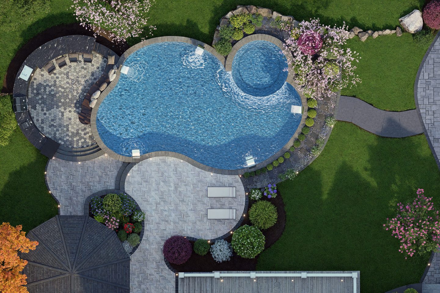 Aerial 3D rendering of a freeform pool surrounded by gardens in Concord NH