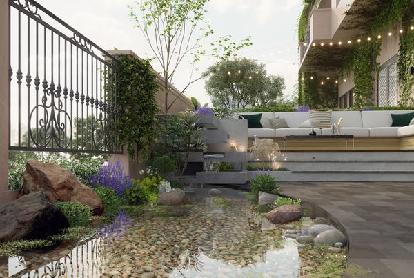 3D rendering of a garden terrace with pond, stone steps and seating