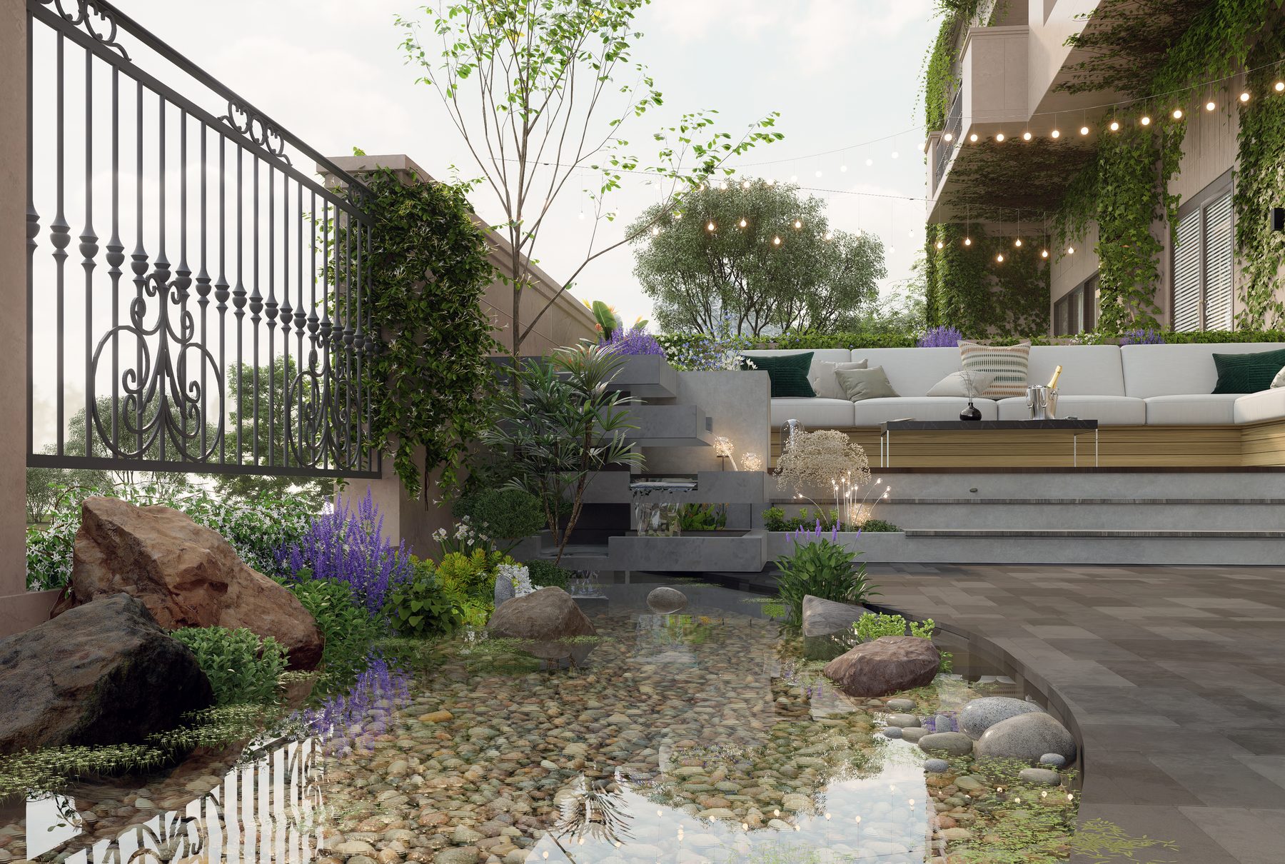 3D rendering of a garden terrace with pond, stone steps and seating