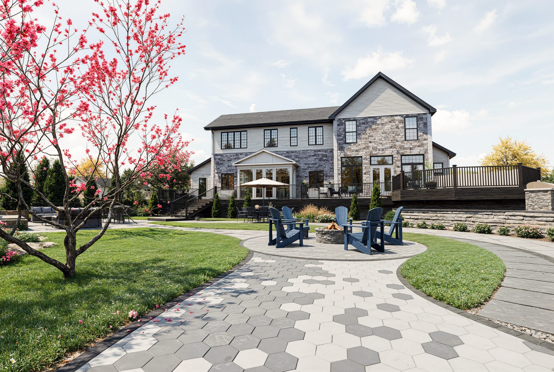 3D rendering of a hexagon paver walkway and patio with a flowering tree
