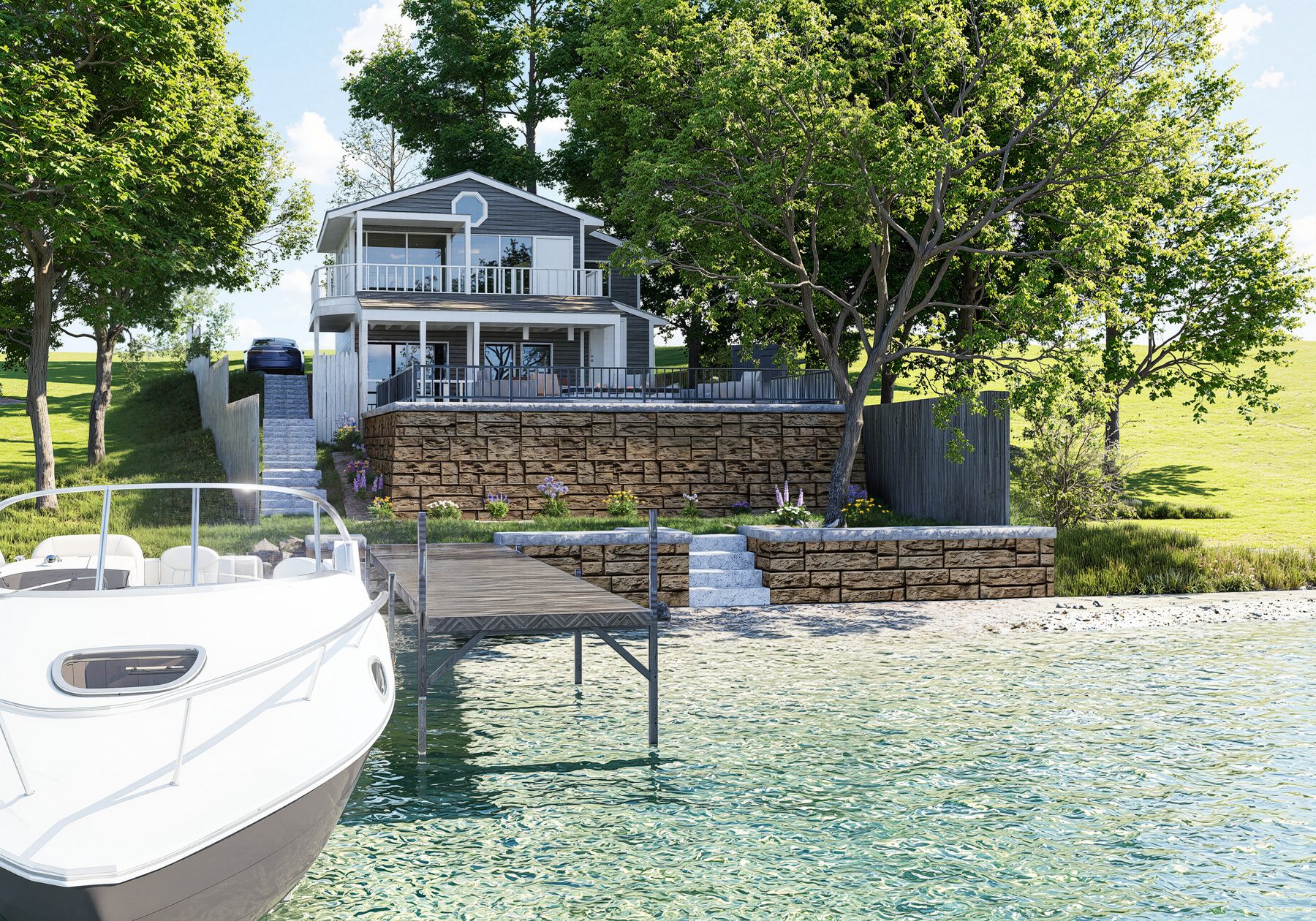3D rendering of a lakefront boat dock with a stone retaining wall