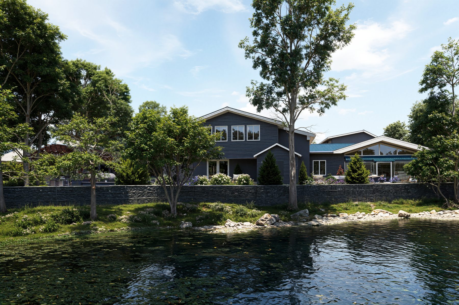 3D rendering of a lakefront lawn with a stone wall and pond