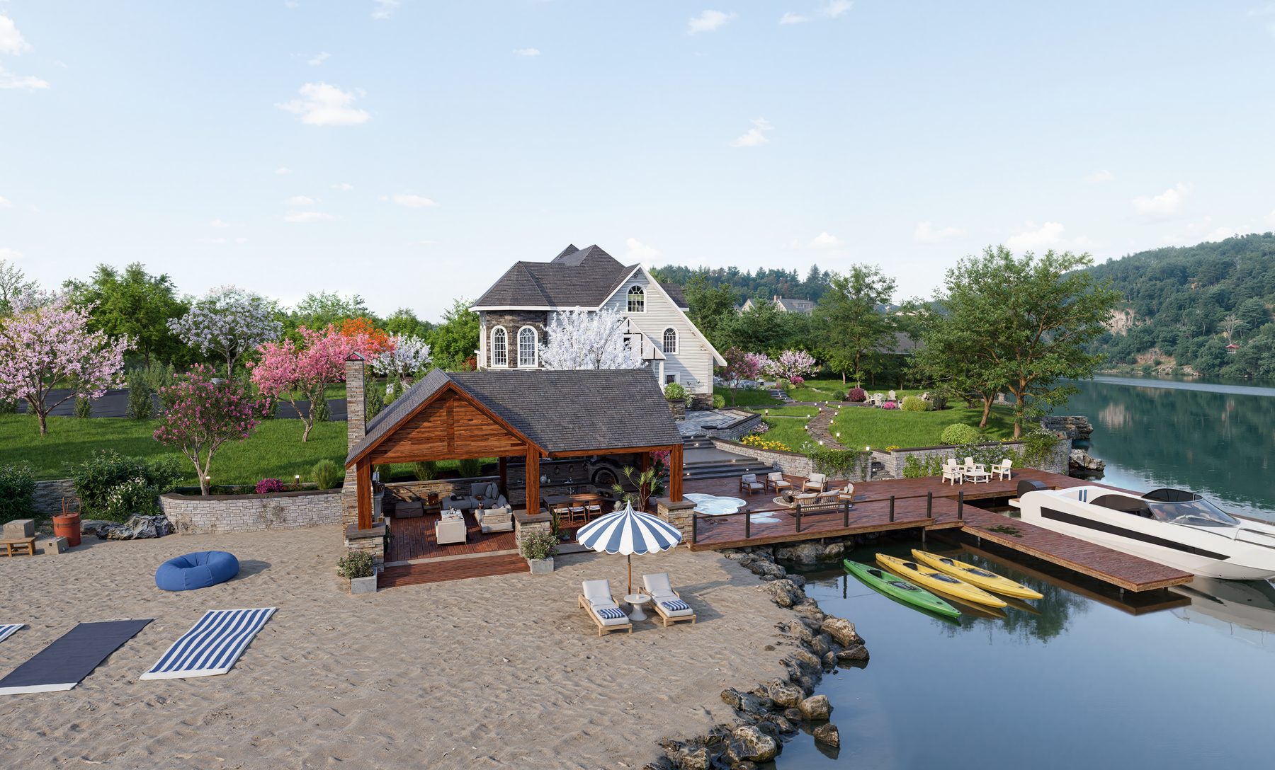 3D rendering of a lakeside cabana, dock and sandy beach lounge area