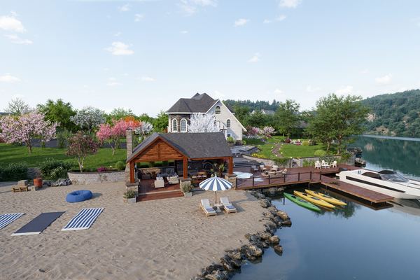 3D rendering of a lakeside cabana with lounge chairs on a sandy shore