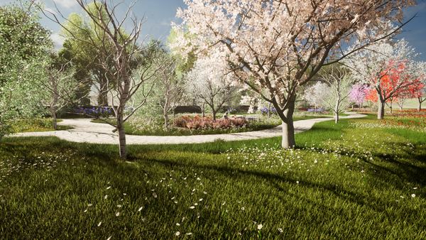 3D rendering of a curving garden path through flowering trees in Concord NH