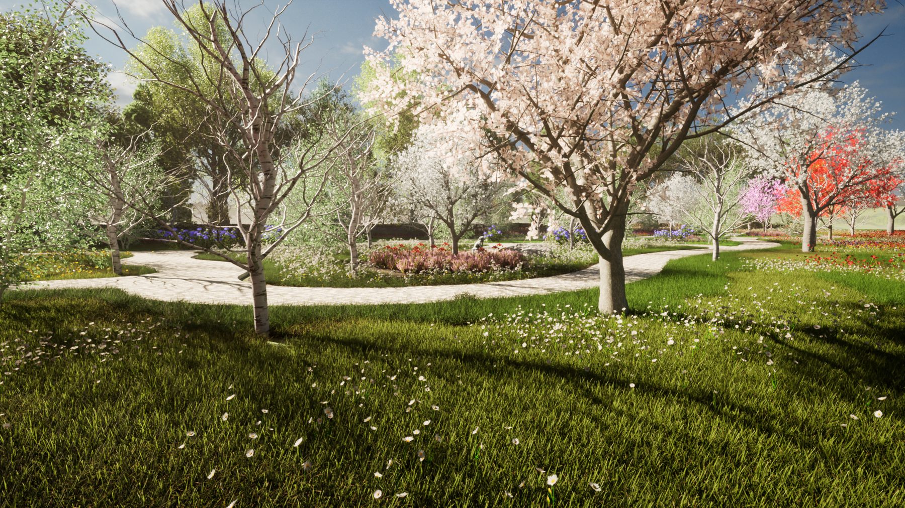3D rendering of a curving garden path through flowering trees in Concord NH