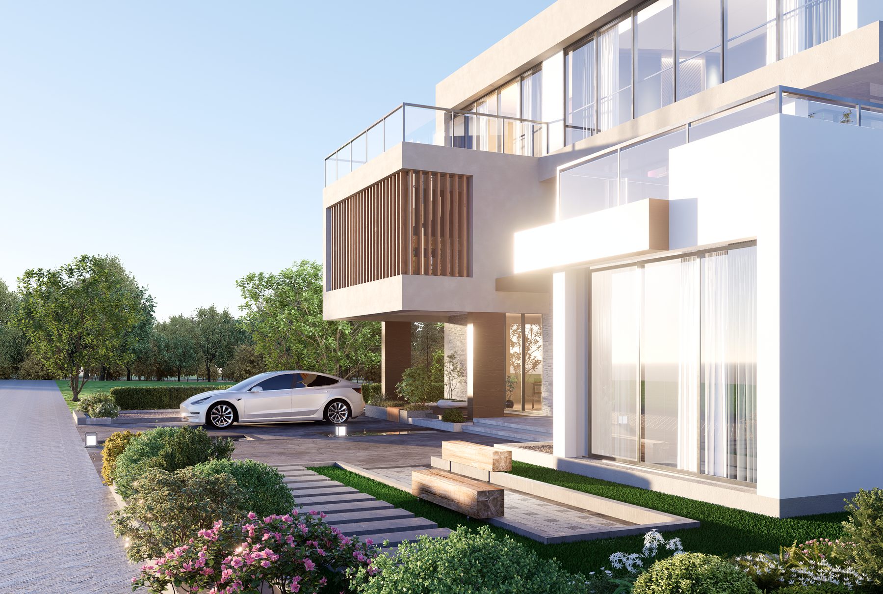 3D rendering of a modern white home with driveway and landscaping in Concord NH