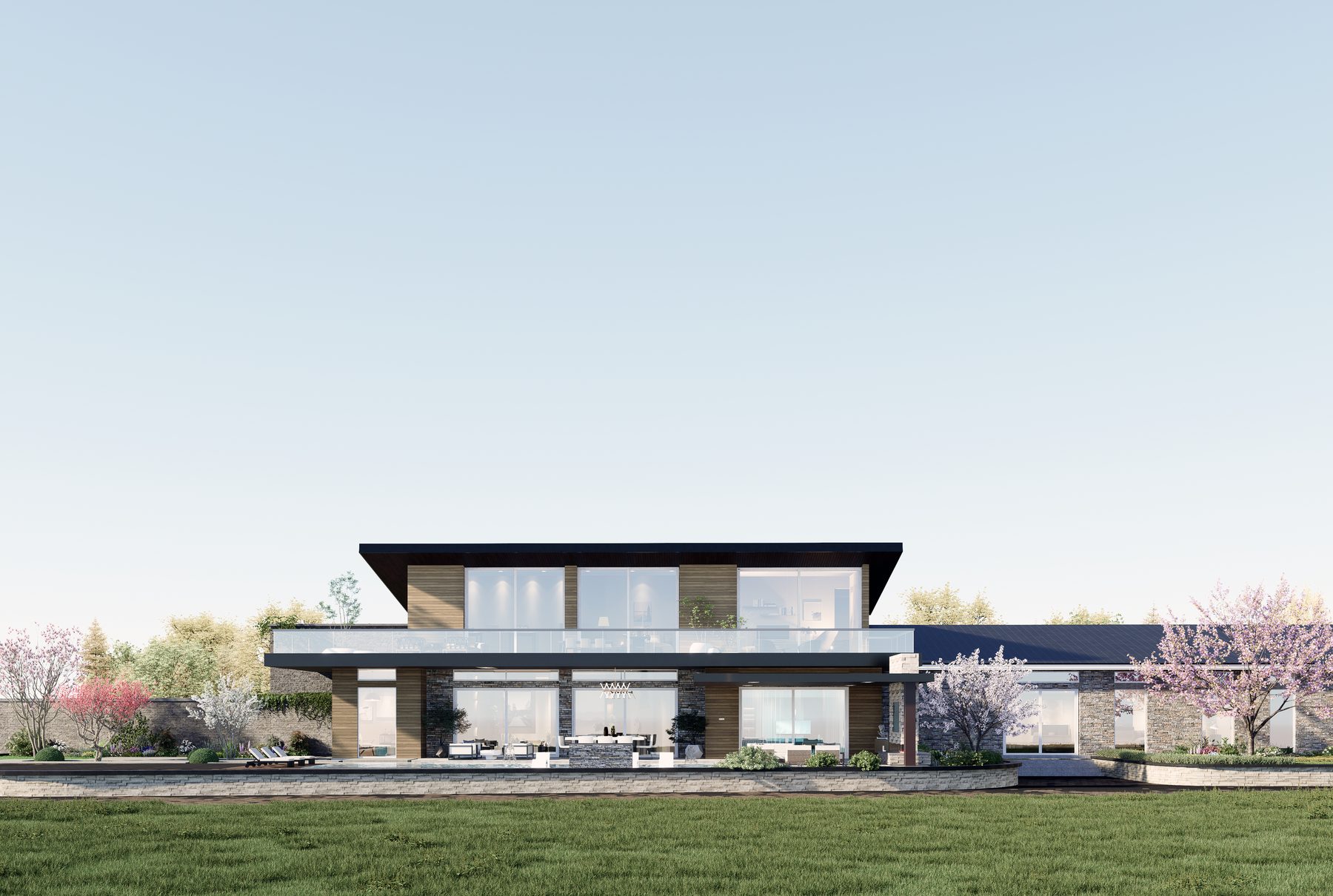 3D rendering of a modern home across a lawn with flowering trees