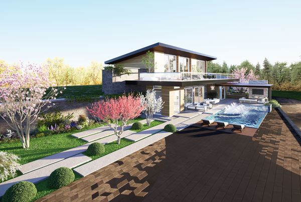 3D rendering of a modern home with pool and terraced walkways in Concord NH