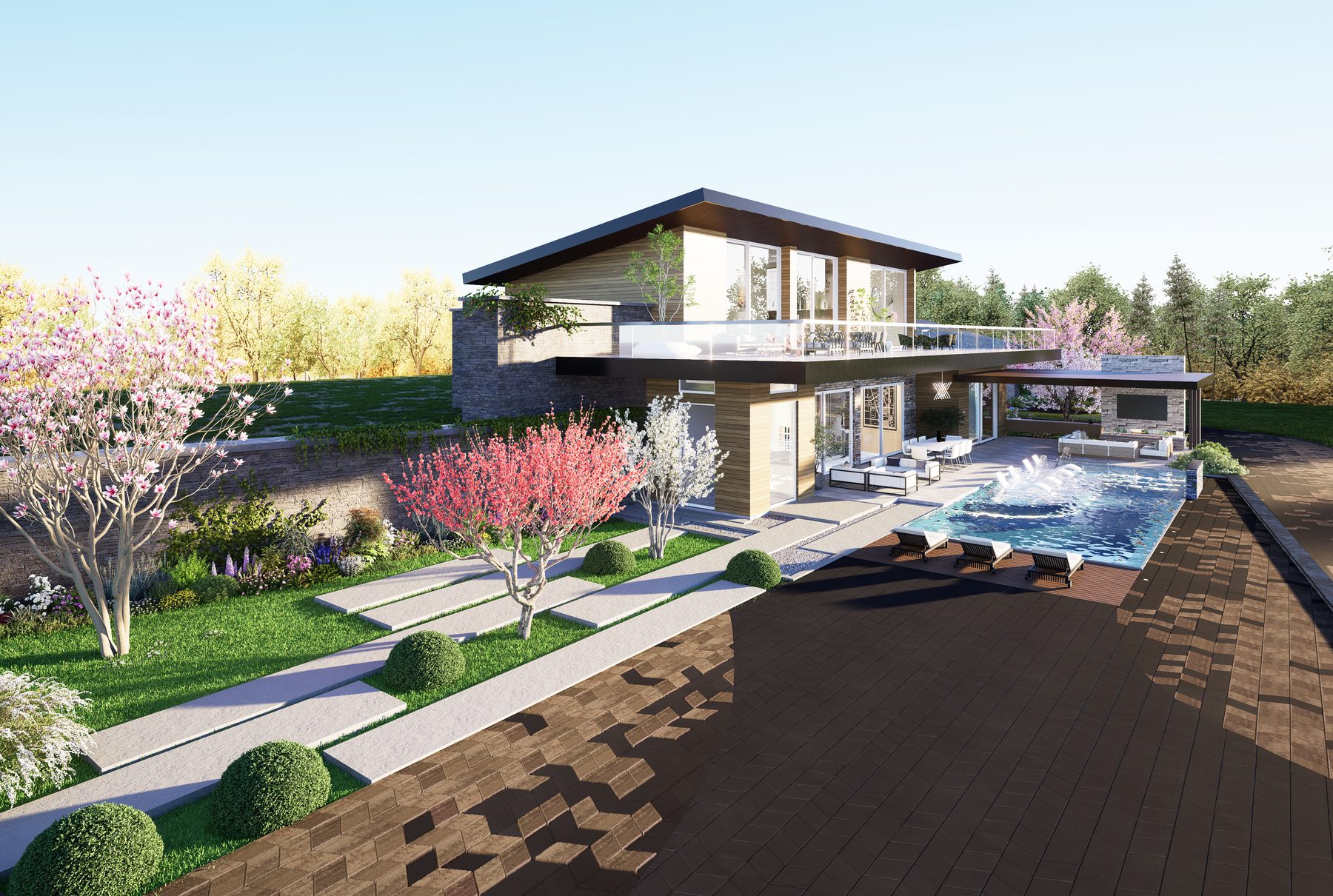 3D rendering of a modern home with pool and terraced walkways in Concord NH