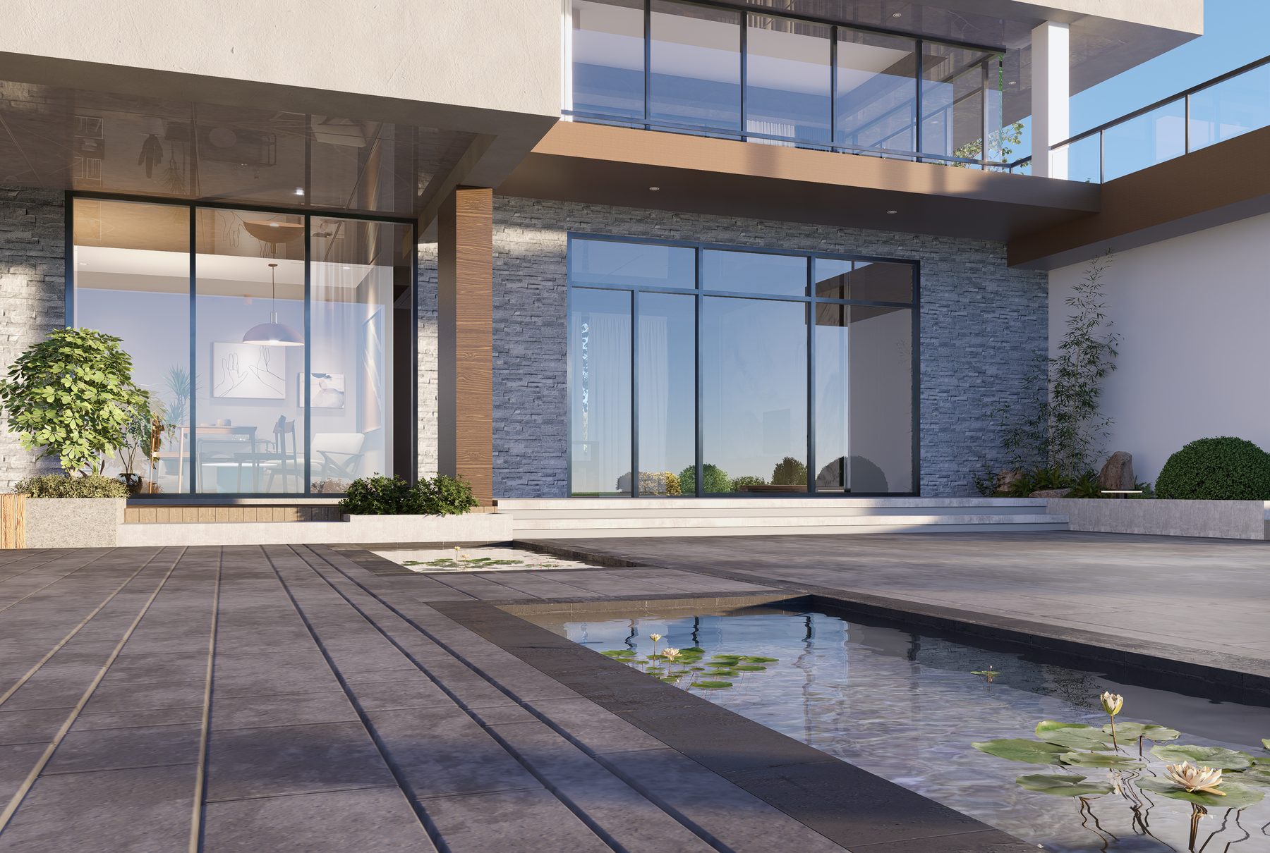 3D rendering of a modern home terrace with a reflecting pool in Concord NH