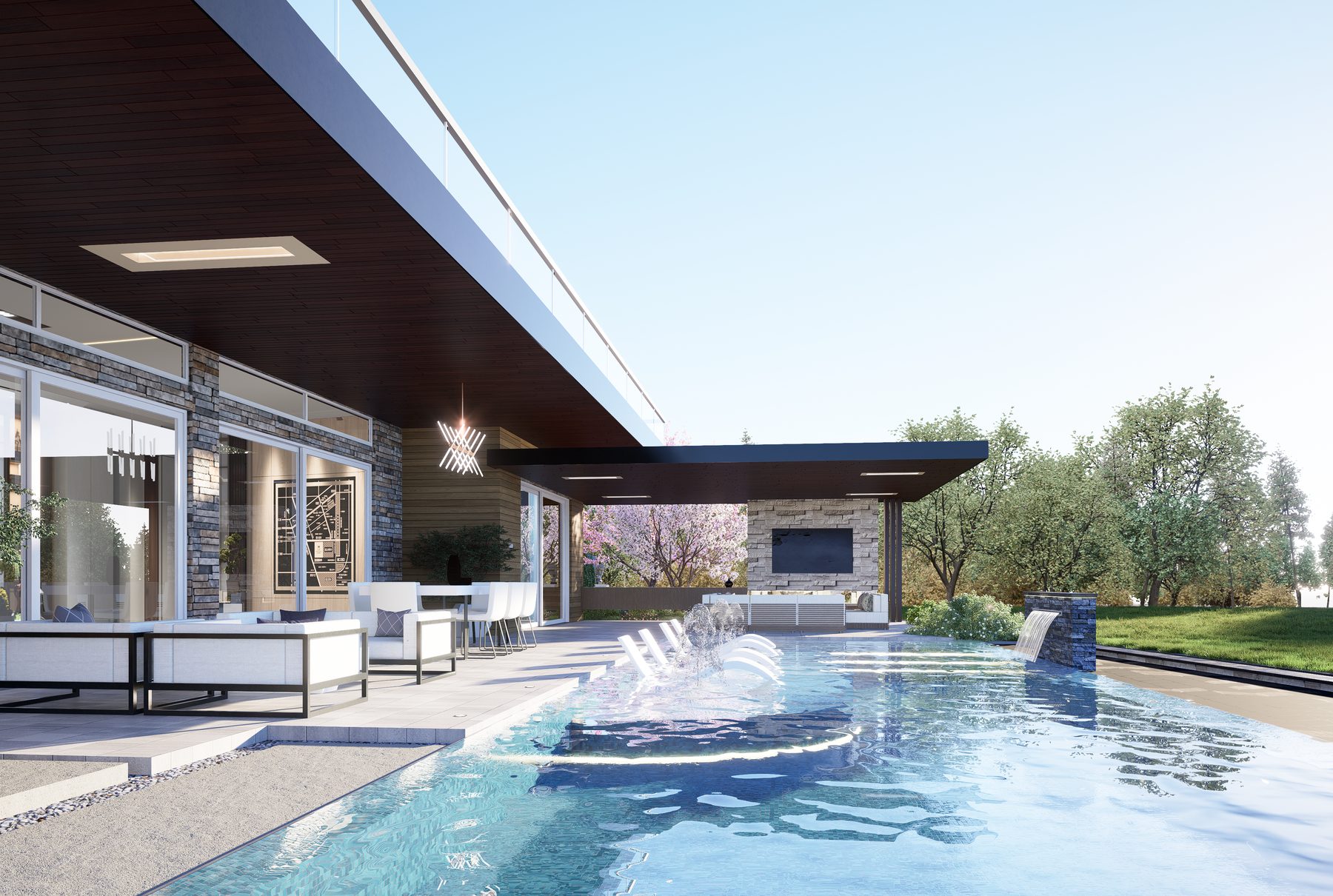 3D rendering of a modern pool with fountain jets and covered lounge