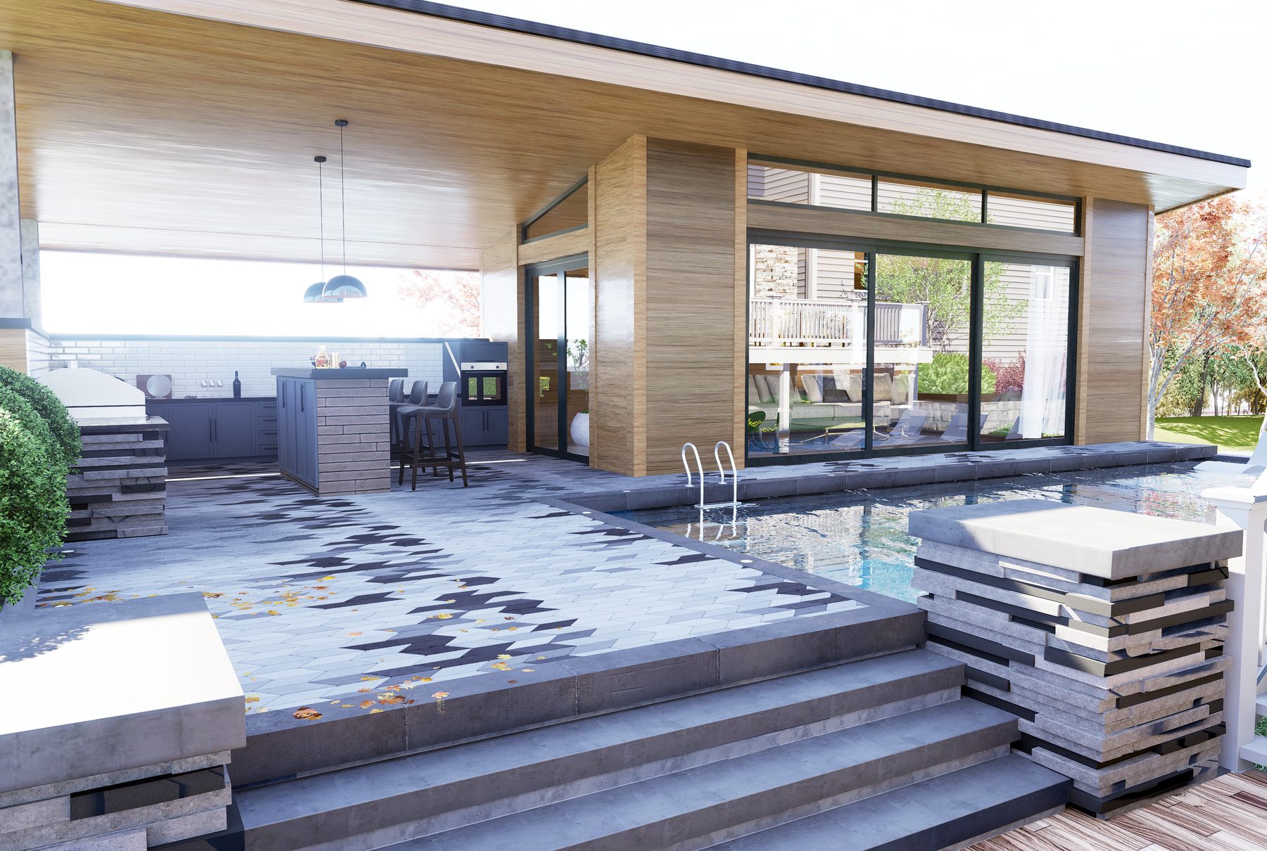 3D rendering of a modern pool house pavilion with sliding glass doors and patio