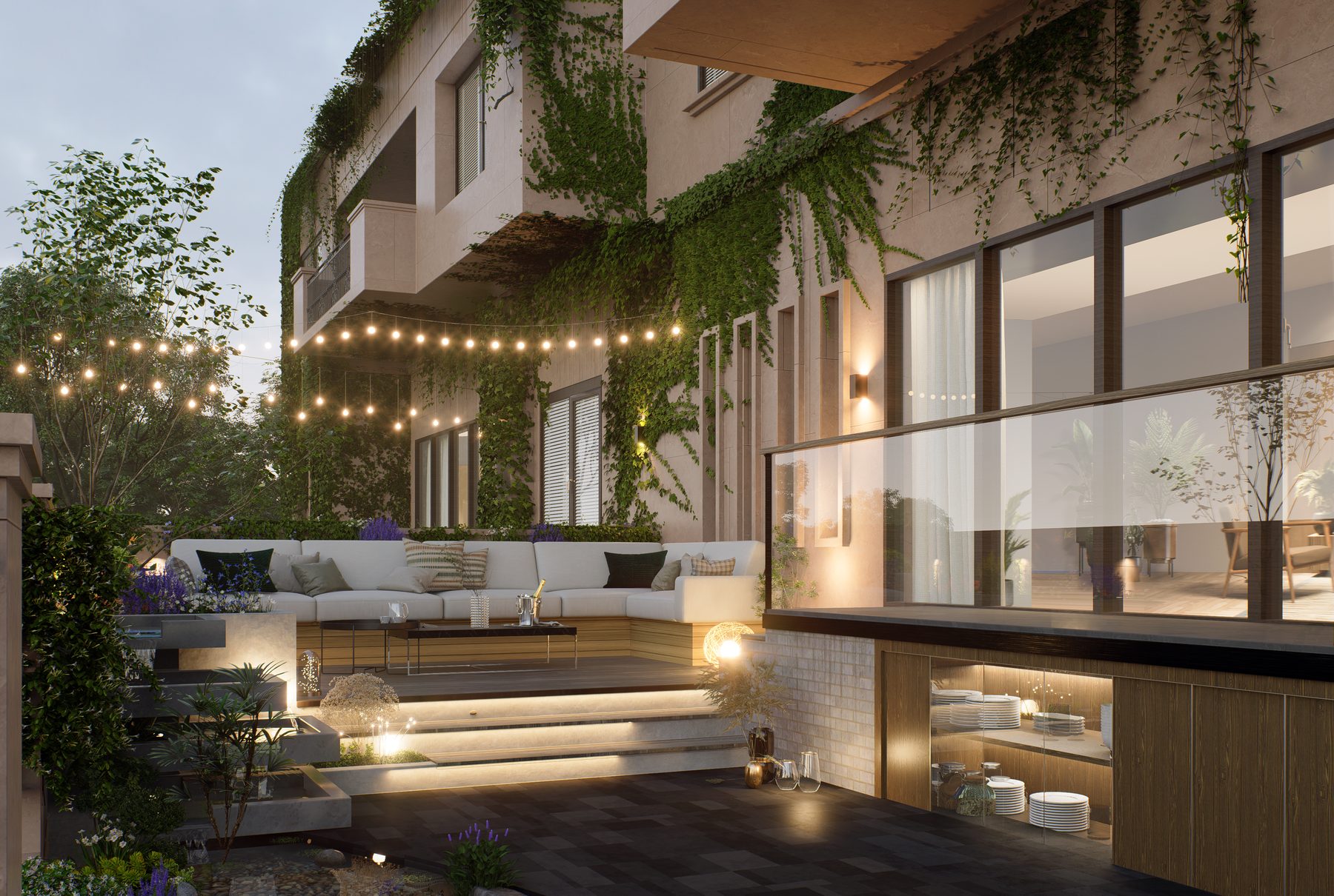3D rendering of a modern terrace with string lights and green wall