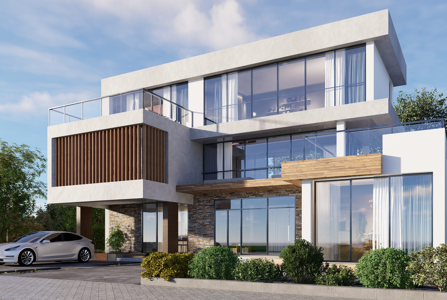 3D rendering of a modern three-story home with landscaping in Concord NH