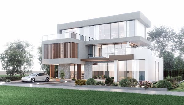 3D rendering of a modern white home with lawn and driveway in Concord NH