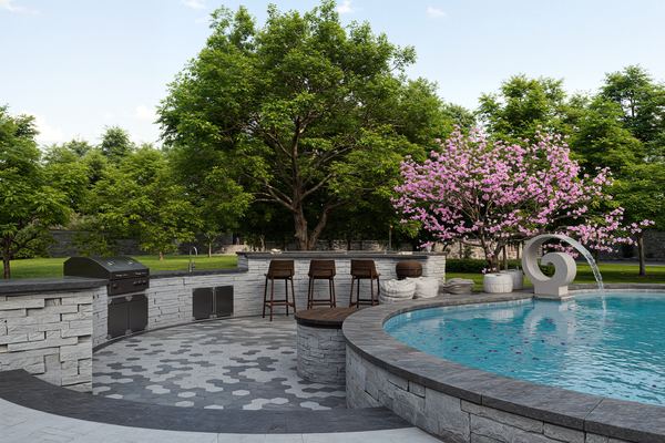 3D rendering of an outdoor kitchen with bar seating beside a pool