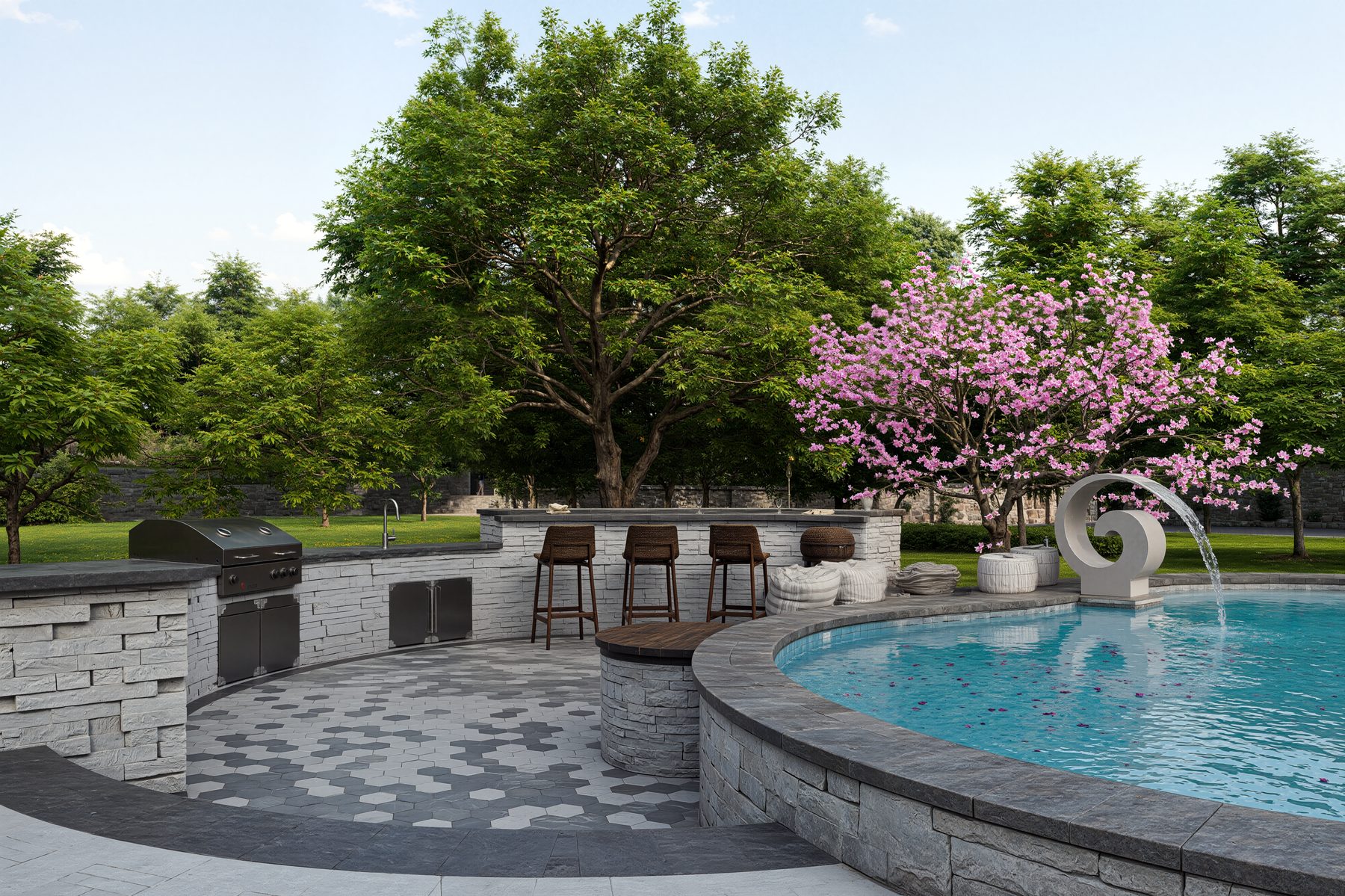 3D rendering of an outdoor kitchen with bar seating beside a pool