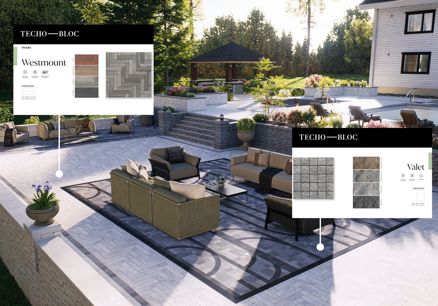 After: 3D rendering of a paver patio seating area with material callouts