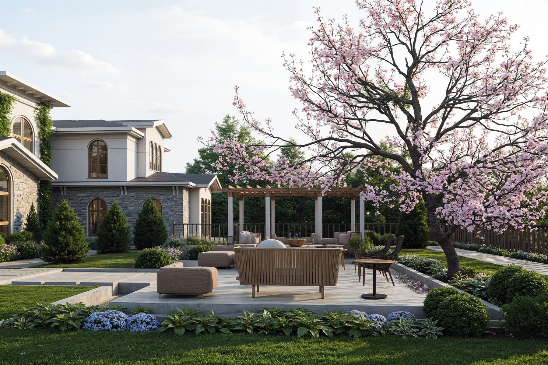 3D rendering of a patio seating area with pergola and flowering tree