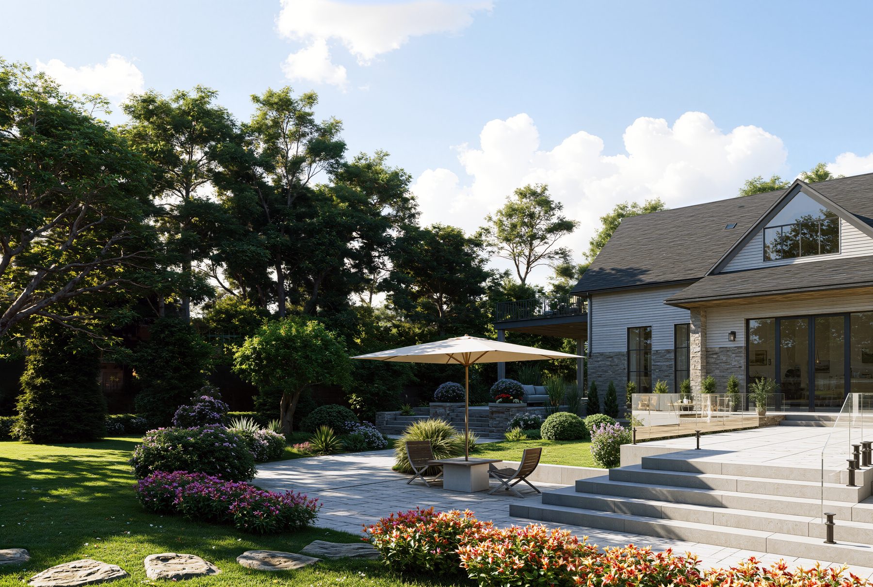 3D rendering of a stone patio with wide steps and perennial gardens