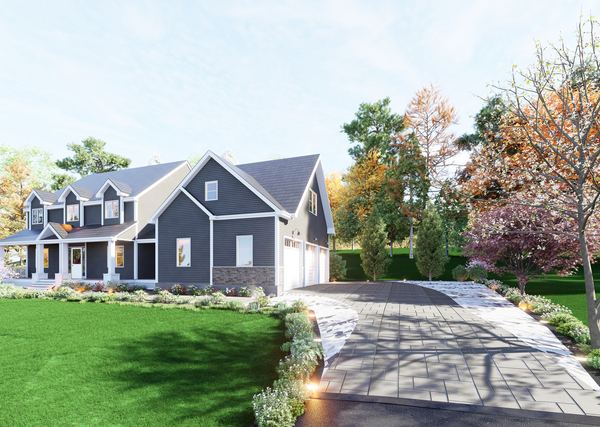 3D rendering of a paver driveway at a blue home with autumn landscaping