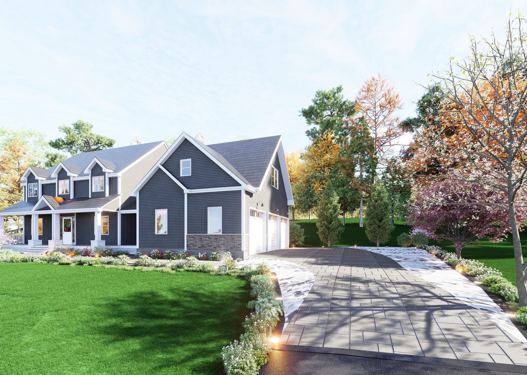3D rendering of a paver driveway at a blue home with autumn landscaping