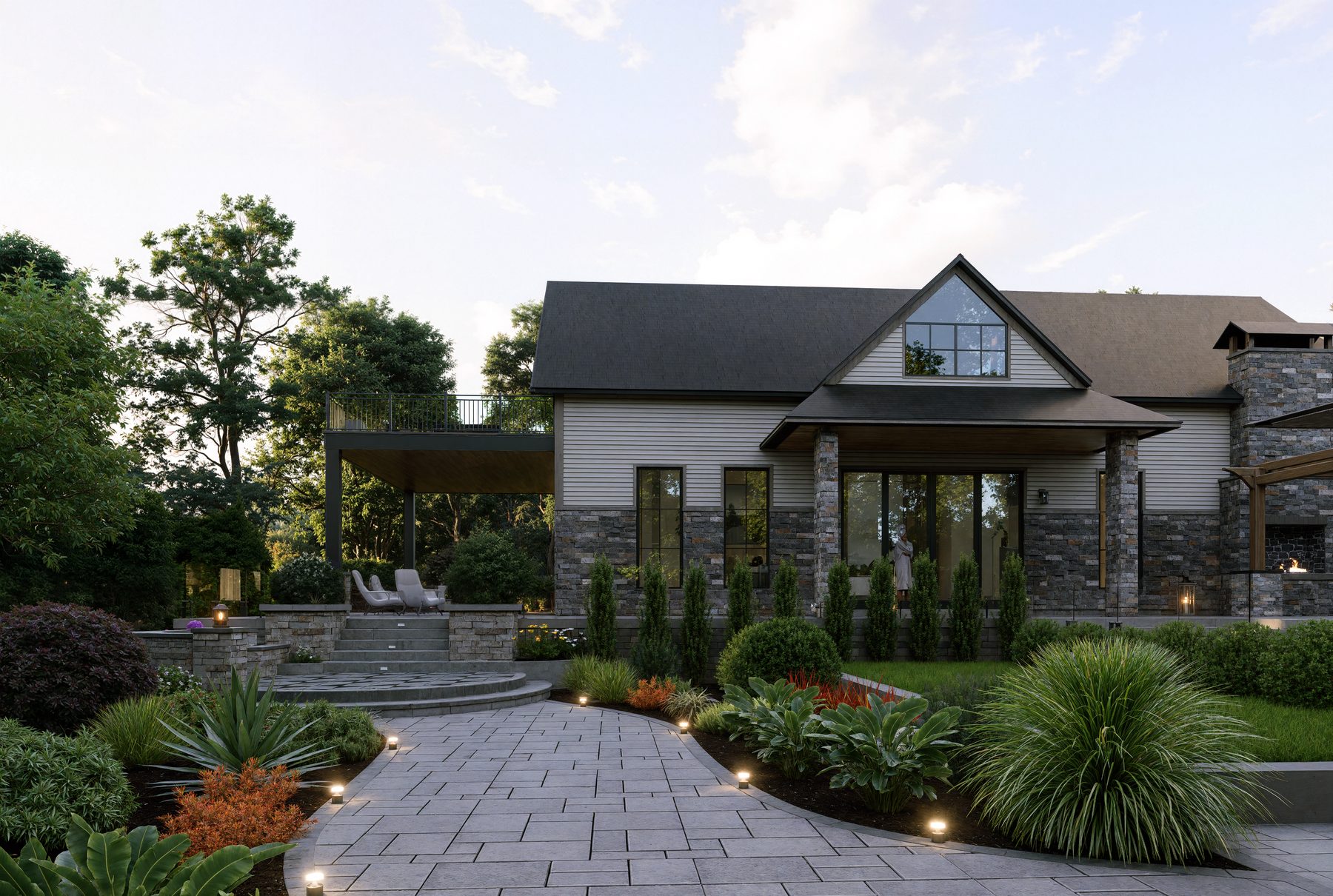 3D rendering of a paver walkway with landscape lighting and layered gardens